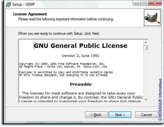 Gimp - Acceptation de la licence